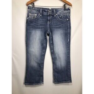 Vigoss Jeans Women junior Size 7  Capri Blue Denim Thick Stitching Jewelled